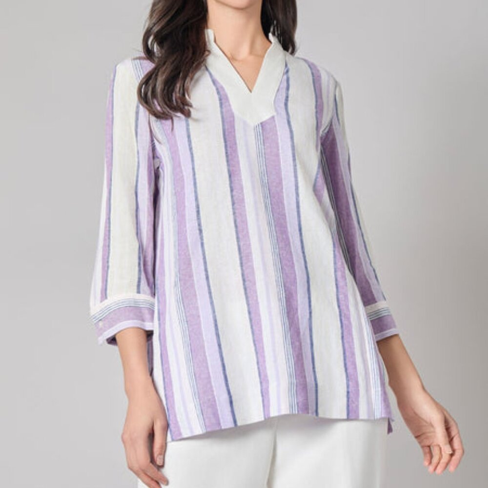 KASPER NEW Lavender Purple Mist Striped Linen Blend Popover Tunic Top XL $89